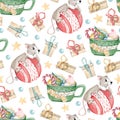 Watercolor of Christmas woodland cute mouse animal character. Seamless pattern of a greeting card, postcard, print t shirt Royalty Free Stock Photo