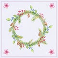 Watercolor Christmas wreath with green branches and berries Royalty Free Stock Photo