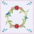 Christmas Watercolor wreath of spruce and red holly berries and birds Royalty Free Stock Photo