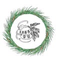 Watercolor Christmas wreath with a ball on a branch. New Year card illustration. Holiday design.