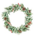 Watercolor Christmas wreath with berries, pine cones and tree branches. Hand painted fir border with eucalyptus leaves Royalty Free Stock Photo