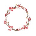 Watercolor Christmas wreath of brown branch and berry