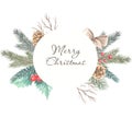 Watercolor Christmas wreath clipart illustration. Delicate green wreath. Watercolor Christmas wreath. Clipart illustration.