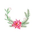 Watercolor Christmas wreath composition with poinsettia flowers