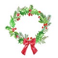 Watercolor Christmas wreath with pine branches, holly, mistletoe and spruce. Winter holiday decor on white background Royalty Free Stock Photo