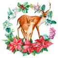 Watercolor Christmas wreath with deer hand drawn on an isolated white background. Winter drawing