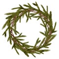 Watercolor Christmas wreath with evergreen fir branches isolated on white background. Winter greenery border frame Royalty Free Stock Photo