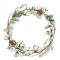 Watercolor Christmas wreath with fir branches, cotton and lagurus. Hand painted holiday frame with plants isolated on Royalty Free Stock Photo