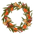 Watercolor Christmas wreath with fir branches, red berries, dried orange slices, ribbon bow isolated on white background. Round Royalty Free Stock Photo