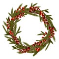 Watercolor Christmas wreath with fir branches, red berries isolated on white background. Round winter greenery frame with spruce