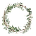 Watercolor Christmas wreath with fir, eucalyptus and dry branches. Hand painted holiday frame with plants isolated on Royalty Free Stock Photo