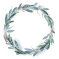 Watercolor Christmas wreath with fir, leaves and dry branches. Hand painted holiday frame with plants isolated on white