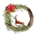 Watercolor christmas wreath with floral decor and deer. New year