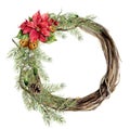 Watercolor christmas wreath with floral decor. New year tree and Royalty Free Stock Photo