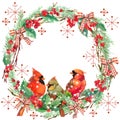 Watercolor Christmas wreath frame and bird.