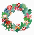 Watercolor Christmas wreath frame isolated on the white background Royalty Free Stock Photo