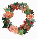 Watercolor Christmas wreath frame isolated on the white background Royalty Free Stock Photo