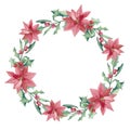 Watercolor Christmas wreath with green branches, flowers, holly . Design illustration for greeting cards, frames