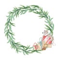 Watercolor Christmas wreath with green fir branches, fir cones and mouse. Design happy new year illustration for greeting cards, f