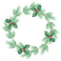 Watercolor christmas wreath with green holly leaves fir tree branches and red berries on white background Royalty Free Stock Photo