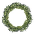 Watercolor Christmas wreath, green round frame of Christmas fir branches for invitations, cards, stickers, labels Royalty Free Stock Photo