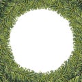 Watercolor Christmas wreath, green round frame of Christmas fir branches for invitations, cards, stickers, labels Royalty Free Stock Photo