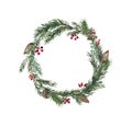Christmas wreath in rustic style. Watercolor greenery, pine branches, pine cones,red berry. Decorative winter frame on white Royalty Free Stock Photo