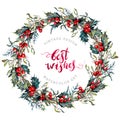 Watercolor Christmas Wreath of Holly and Mistletoe