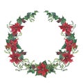 Watercolor christmas wreath with holly, mistletoe and poinsettia. Hand painted christmas floral border isolated on white Royalty Free Stock Photo