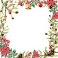 Watercolor Christmas wreath with holly, poinsettia, fir cones, red berries, fir branches and baubles Royalty Free Stock Photo