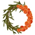 Watercolor Christmas wreath illustration. Hand drawn round winter frame with spruce, fir branches, dried orange slices