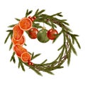 Watercolor Christmas wreath illustration. Hand painted round winter frame with spruce and fir branches, dried orange Royalty Free Stock Photo