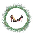 Watercolor Christmas wreath with Louboutin Shoes. New Year card illustration. Holiday design