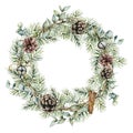 Watercolor Christmas wreath with pine cones decor. Hand painted card with bells, cinnamon, eucalyptus and pine branches Royalty Free Stock Photo