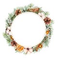 Watercolor Christmas wreath template with decor. Hand painted fir border with cones, cotton, orange slices, bells Royalty Free Stock Photo