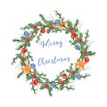 Watercolor Christmas wreath with twigs and balls Royalty Free Stock Photo