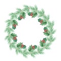 Watercolor christmas wreath with spruce and holly on white background Royalty Free Stock Photo