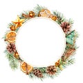 Watercolor Christmas wreath with winter decor. Hand painted fir border with cones, branches, cookies, orange slices