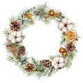 Watercolor Christmas wreath with winter decor. Hand painted fir border with cones, cotton, orange slices, bells