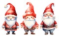 Watercolor Chrostmas gnomes set in red Santa hat isolated on white background. Cute winter illustration Royalty Free Stock Photo