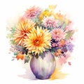 Watercolor Chrysanthemum Bouquet On White Background