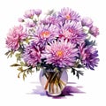 Watercolor Chrysanthemums: Beautiful Purple Flowers In Vase Art Prints Royalty Free Stock Photo