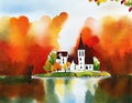 Watercolor of church in the lake