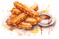 Watercolor churros with chocolate sauce on white background. Traditional Latin American, Mexican food. AI generated