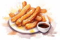 Watercolor churros with chocolate sauce on white background. Traditional Latin American, Mexican food. AI generated