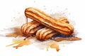 Watercolor churros with chocolate sauce on white background. Traditional Latin American. AI generated
