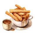Watercolor Churros With Dipping Sauce In Coffee Mug Illustration