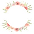 Watercolor Circle Border Flowers Peach Coral Floral Frame Leaves Royalty Free Stock Photo