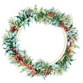 Watercolor circle floral frame with winter plants and golden decor. Hand painted eucalyptus and fir branches, cones Royalty Free Stock Photo
