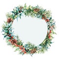 Watercolor circle floral frame with winter plants. Hand painted eucalyptus and fir branches, berries and leaves, pine Royalty Free Stock Photo